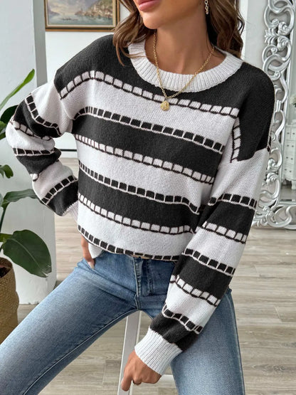 Color blocking striped casual pullover sweater