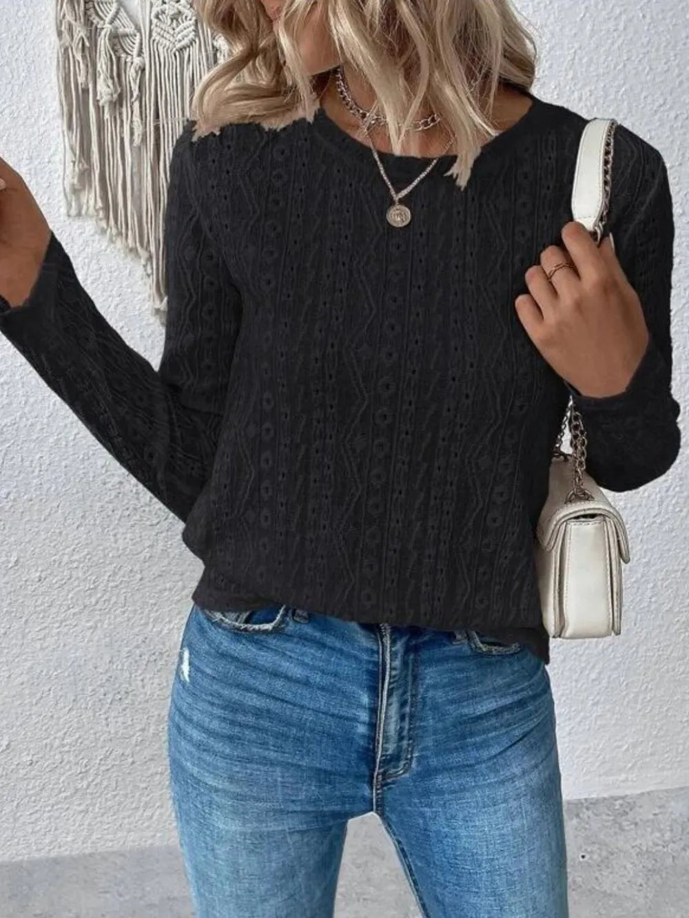 Solid color long short sleeved hollow casual shirt