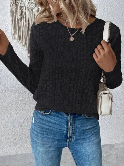 Solid color long short sleeved hollow casual shirt
