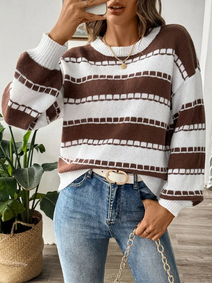 Color blocking striped casual pullover sweater