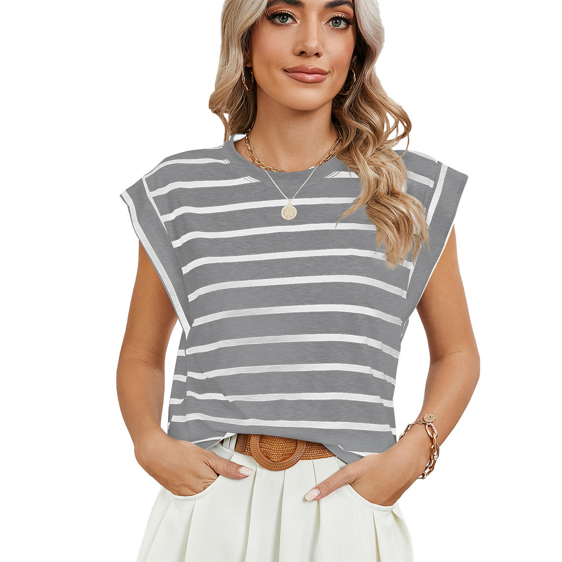 Striped Round Neck Cap Sleeve T-Shirt