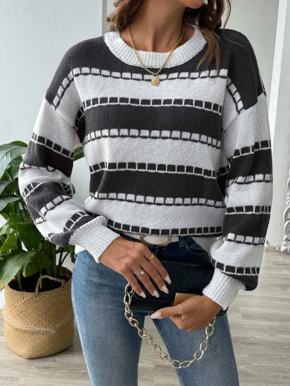 Color blocking striped casual pullover sweater
