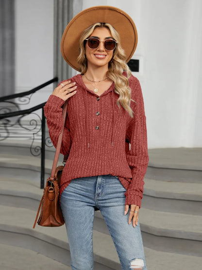 Autumn and winter new solid color hooded button loose long sleeved top