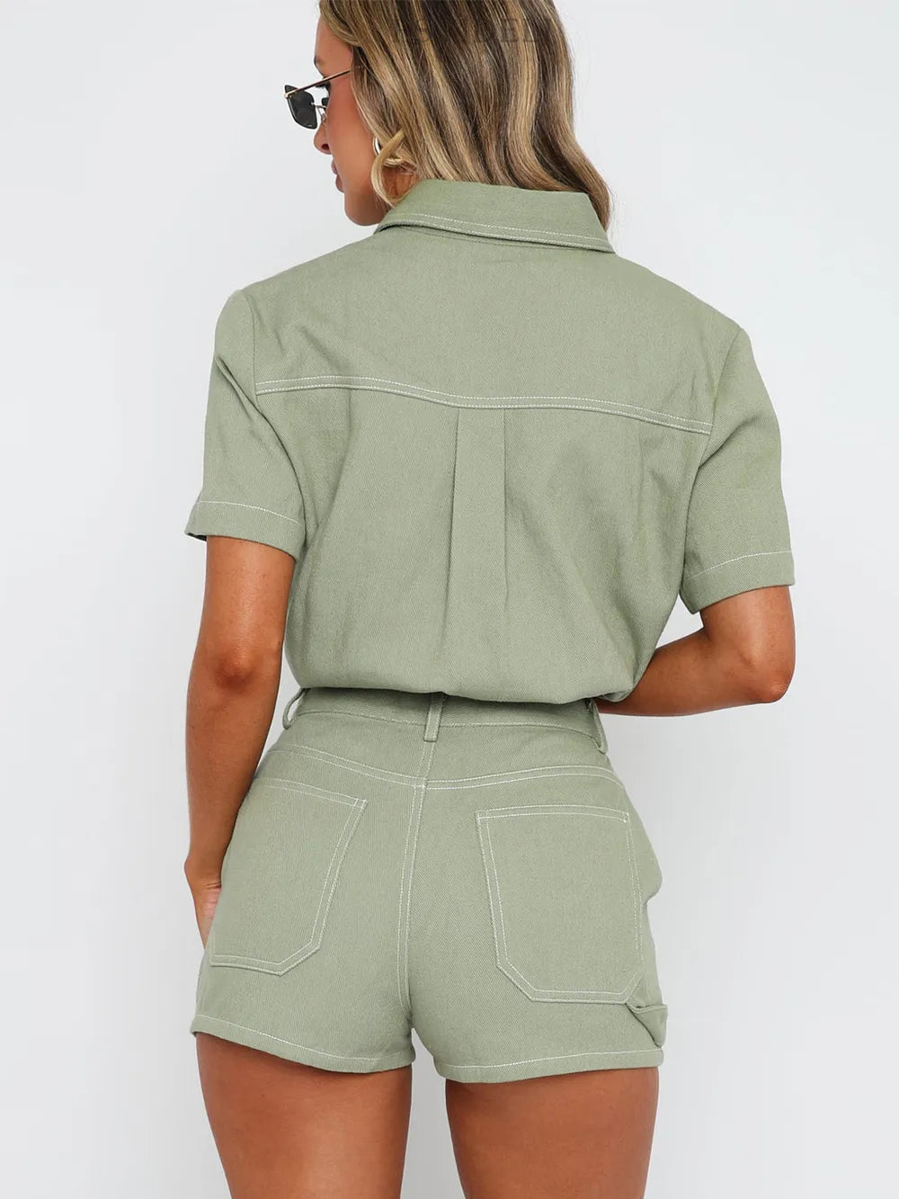 Retro workwear long shirt shorts two-piece set fashionable casual suit for women