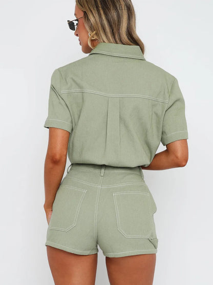 Retro workwear long shirt shorts two-piece set fashionable casual suit for women