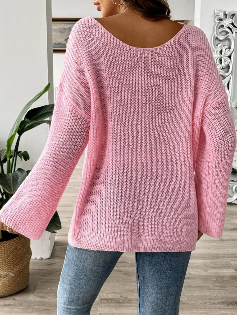 Loose one neck off shoulder flared sleeve sweater