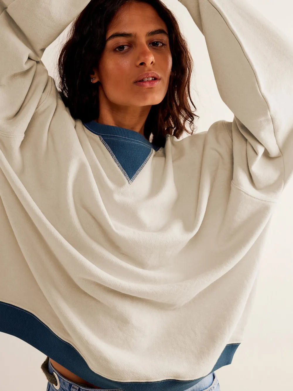 Long sleeved top loose trendy brand off shoulder round neck sweatshirt jacket for women in spring and autumn