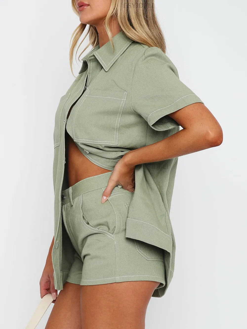 Retro workwear long shirt shorts two-piece set fashionable casual suit for women