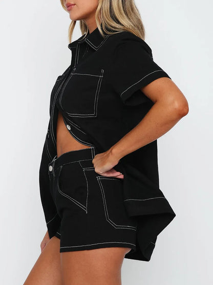 Retro workwear long shirt shorts two-piece set fashionable casual suit for women
