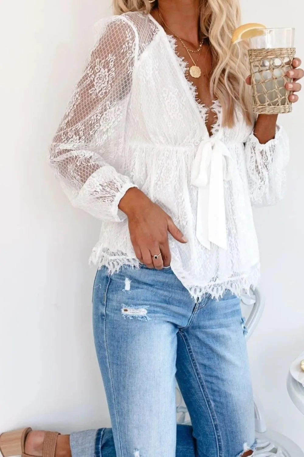 Autumn New Lace Embroidery Splicing Lace Bow Strap Long Sleeve Top