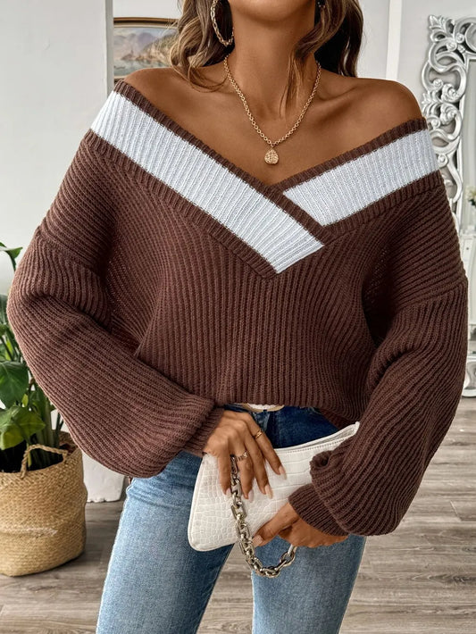 Color blocking splicing large V-neck loose woven sweater pullover sweater