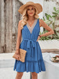 Solid color V-neck sleeveless lace cinched waist dress