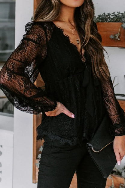 Autumn New Lace Embroidery Splicing Lace Bow Strap Long Sleeve Top