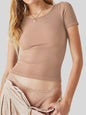 New women's solid color pit stripe cotton comfortable round neck short sleeved T-shirt for women