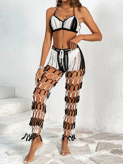 Beach pants top set mesh beach pants color engraved with hand hook flower