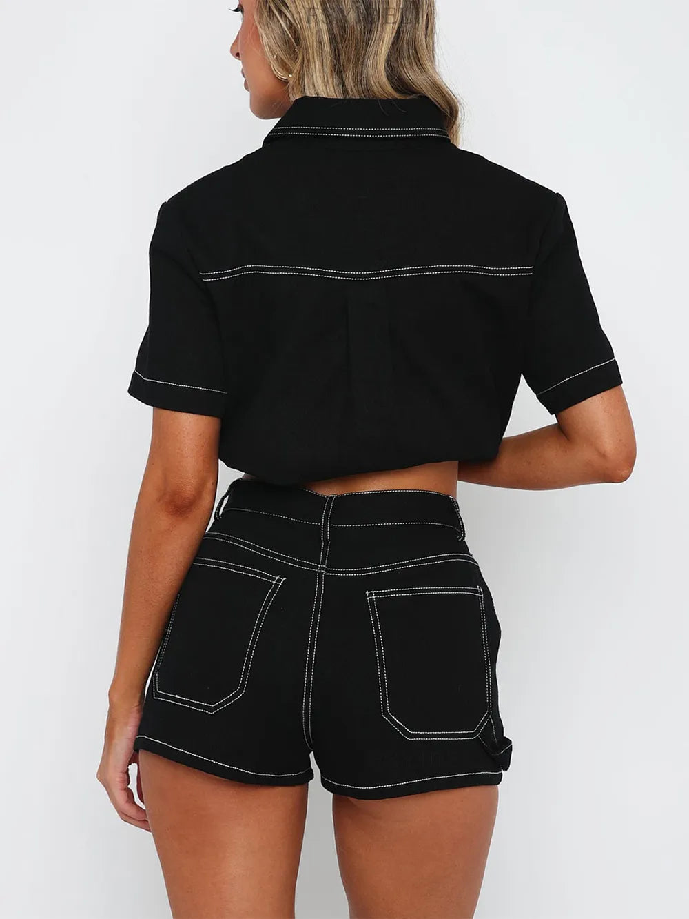 Retro workwear long shirt shorts two-piece set fashionable casual suit for women