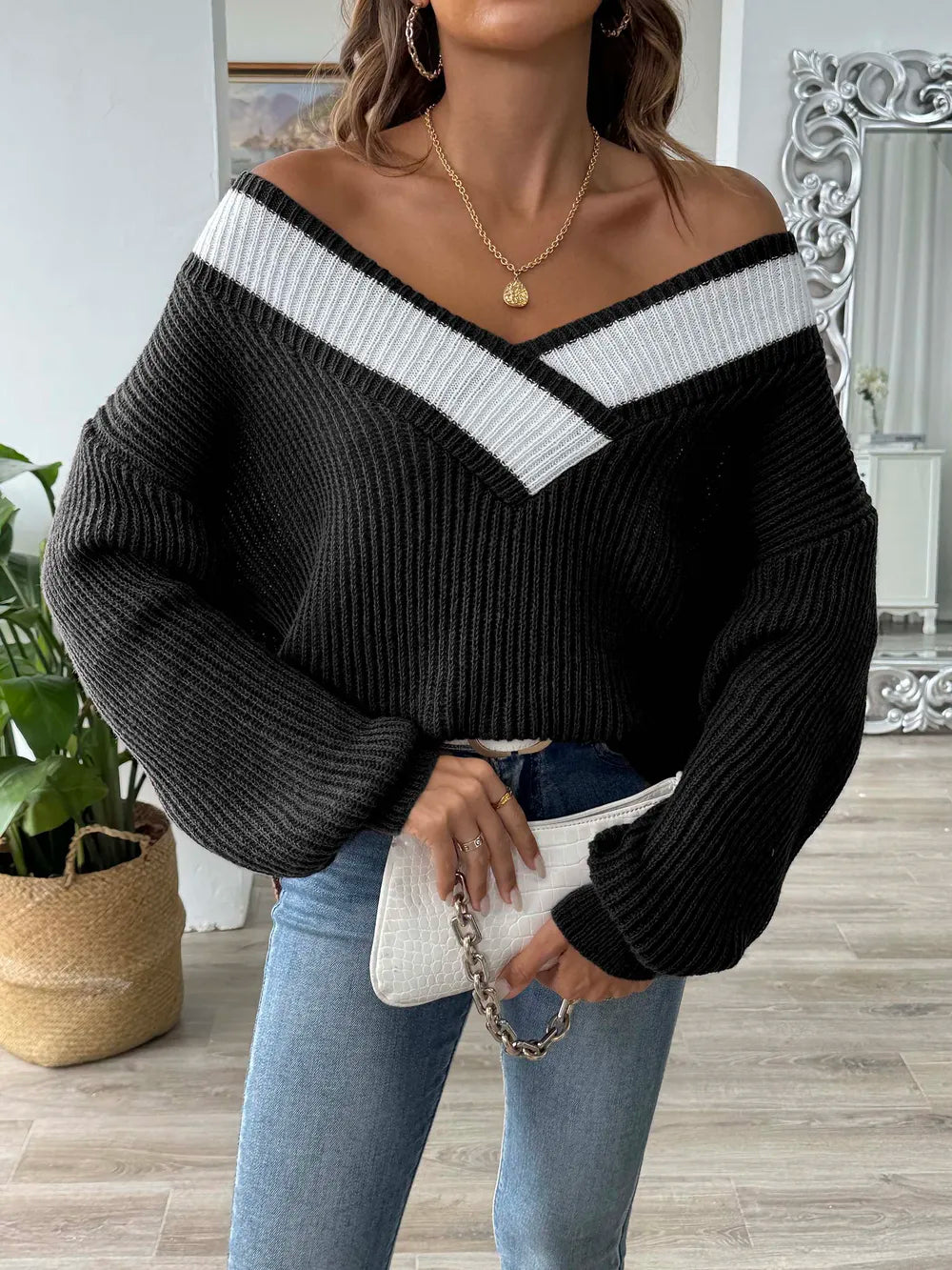 Color blocking splicing large V-neck loose woven sweater pullover sweater