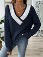 Color blocking splicing large V-neck loose woven sweater pullover sweater