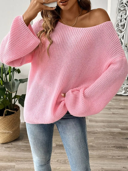 Loose one neck off shoulder flared sleeve sweater