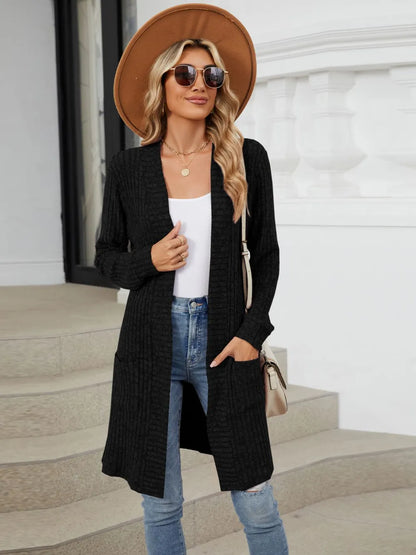 Autumn and winter long color long sleeved loose pocket cardigan jacket for women