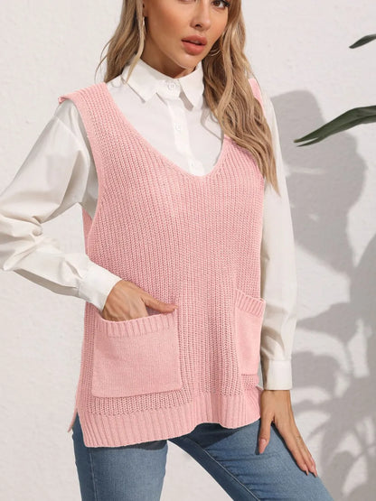 Women's double pocket splicing V-neck casual vest top sweater vest