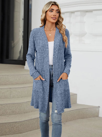 Autumn and winter long color long sleeved loose pocket cardigan jacket for women