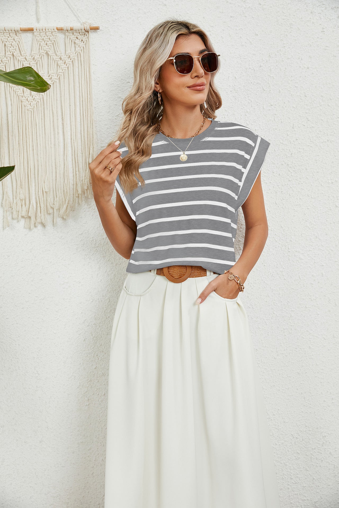 Striped Round Neck Cap Sleeve T-Shirt