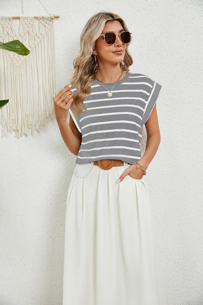 Striped Round Neck Cap Sleeve T-Shirt