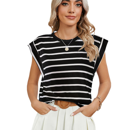 Striped Round Neck Cap Sleeve T-Shirt