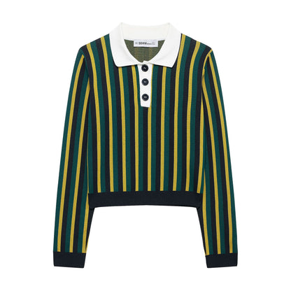 Striped lapel long sleeved casual knit sweater