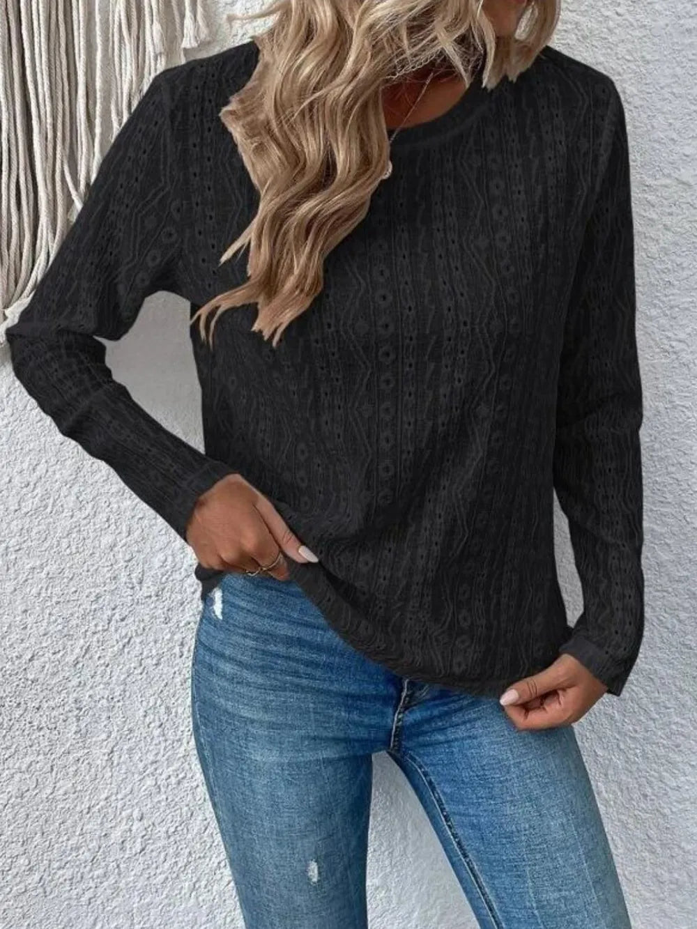 Solid color long short sleeved hollow casual shirt