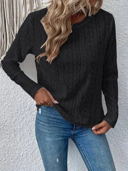 Solid color long short sleeved hollow casual shirt