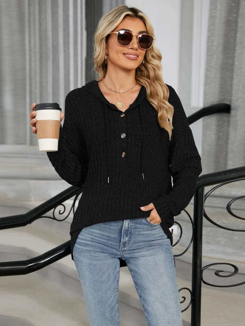 Autumn and winter new solid color hooded button loose long sleeved top