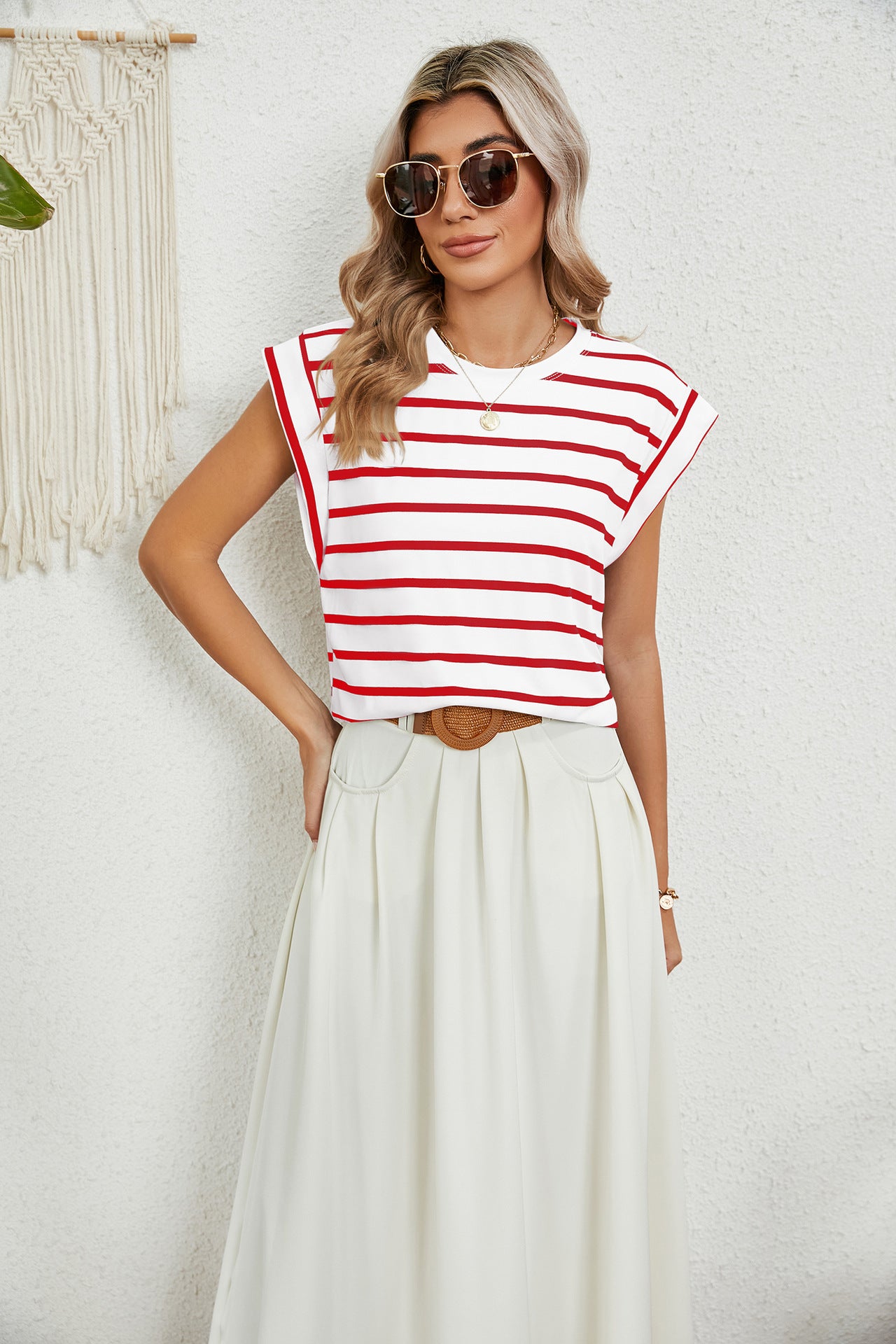 Striped Round Neck Cap Sleeve T-Shirt