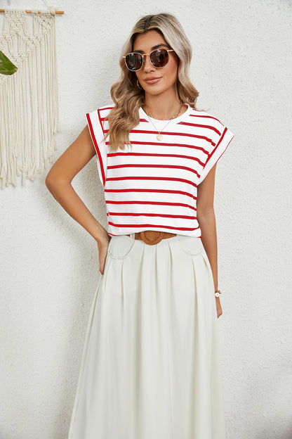 Striped Round Neck Cap Sleeve T-Shirt