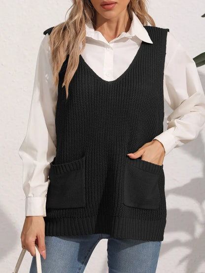 Women's double pocket splicing V-neck casual vest top sweater vest