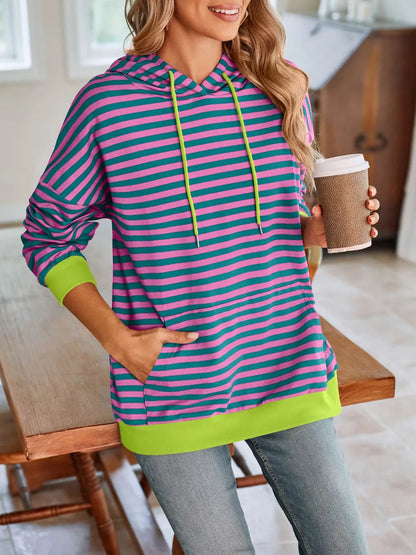 Loose casual striped hooded sweatshirt