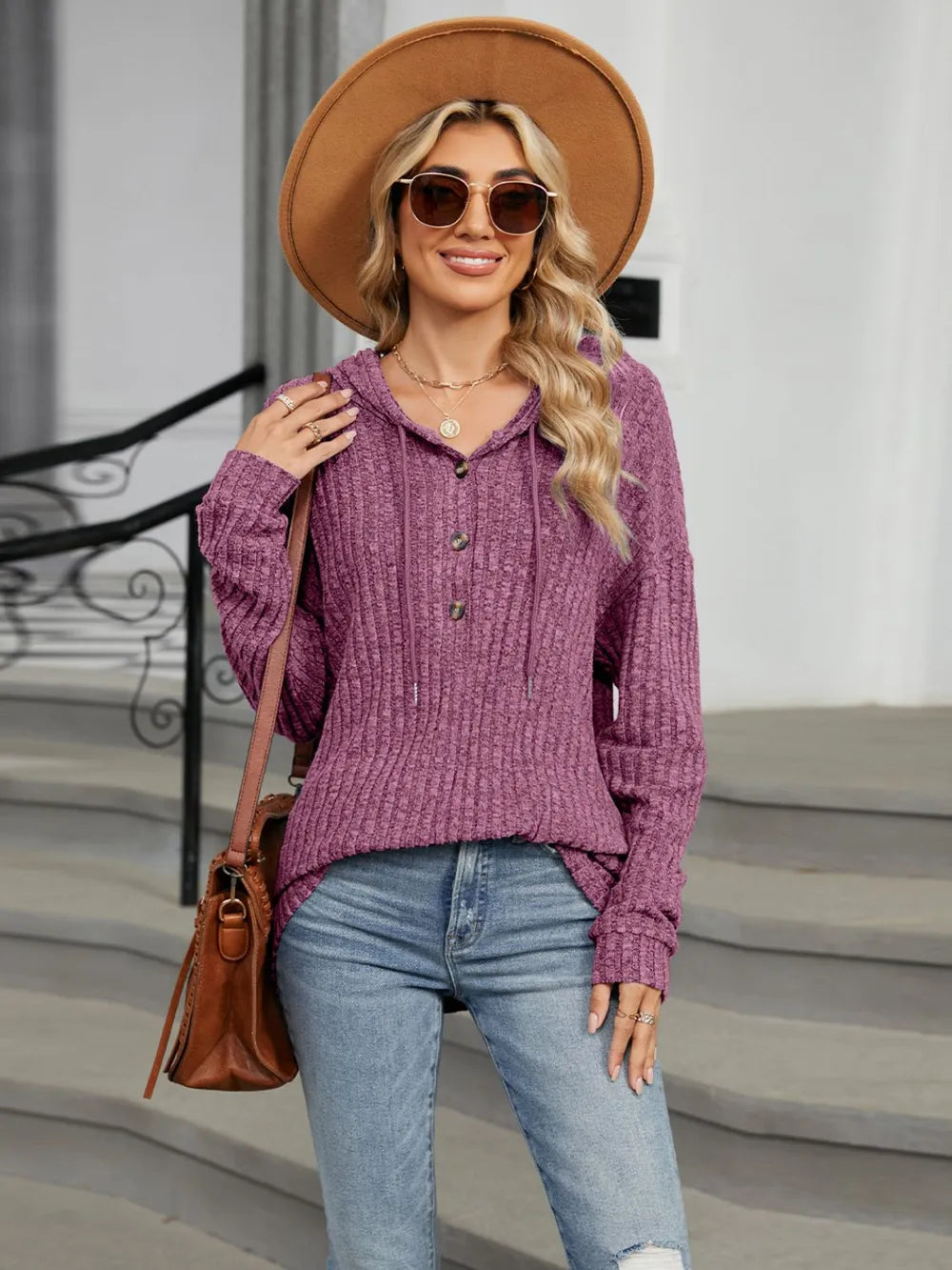 Autumn and winter new solid color hooded button loose long sleeved top