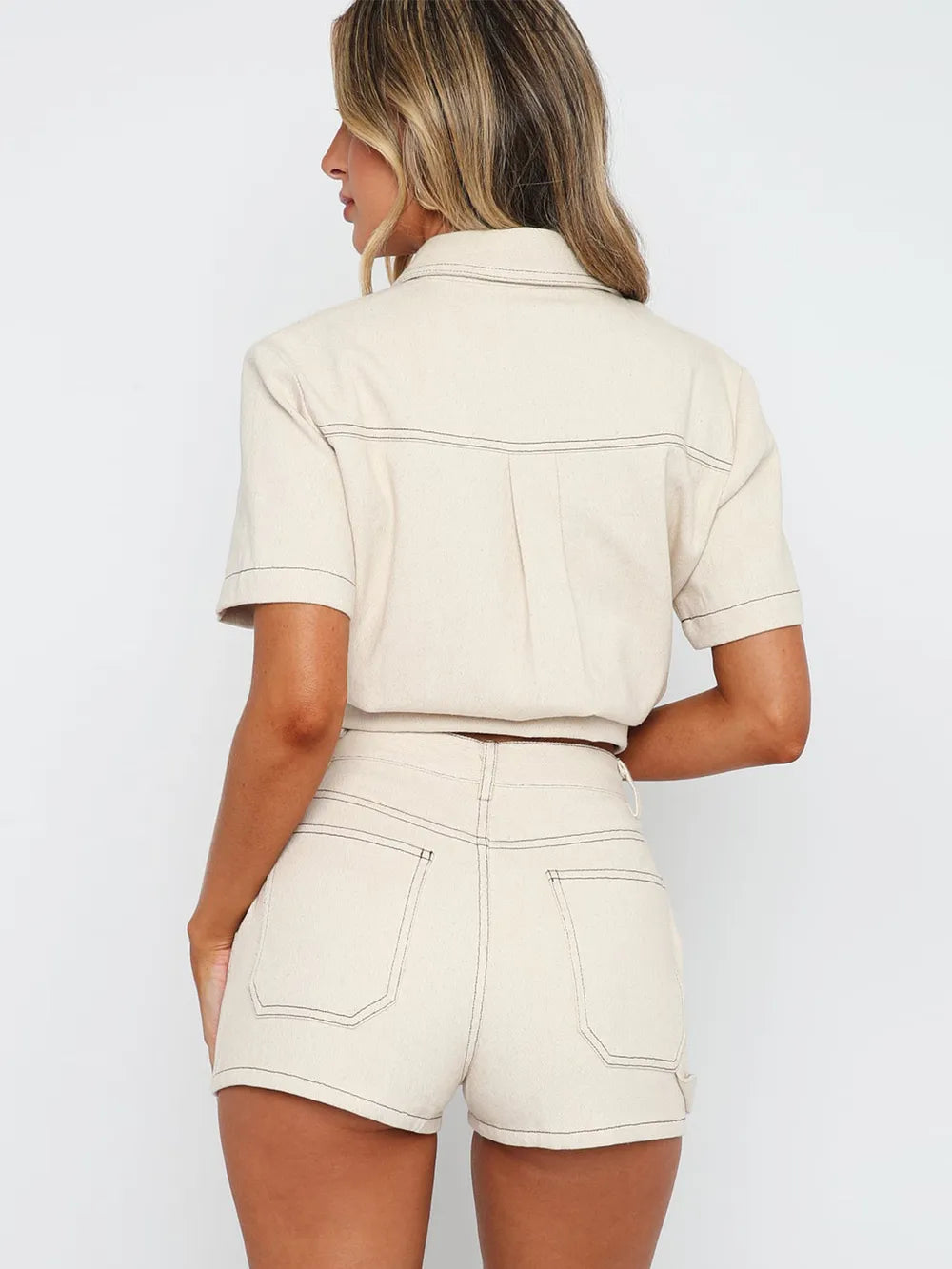 Retro workwear long shirt shorts two-piece set fashionable casual suit for women