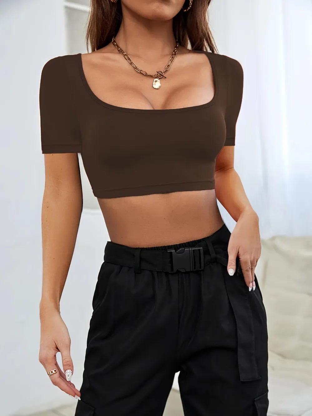 Sports and leisure women's short knitted high elasticity T-shirt top