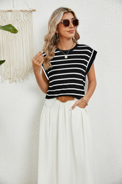 Striped Round Neck Cap Sleeve T-Shirt