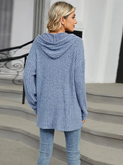 Autumn and winter new solid color hooded button loose long sleeved top