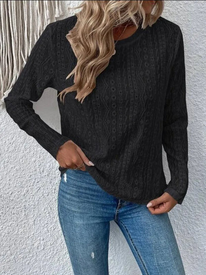 Solid color long short sleeved hollow casual shirt