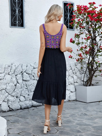 Hand hook flower spliced cotton yarn fabric purple temperament sleeveless dress beach skirt