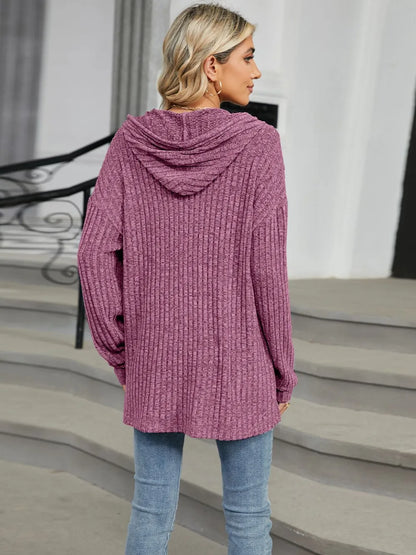 Autumn and winter new solid color hooded button loose long sleeved top