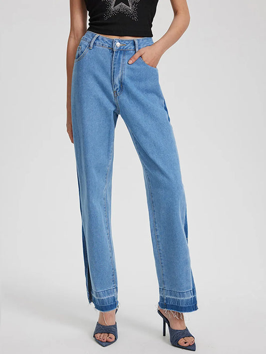 Retro casual high waisted leg slit straight leg denim pants