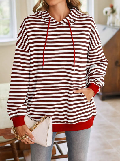 Loose casual striped hooded sweatshirt