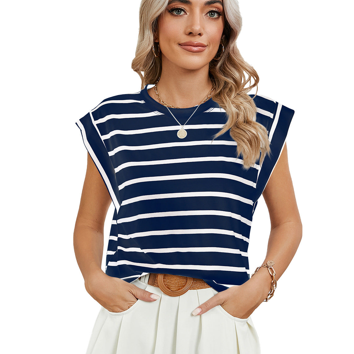 Striped Round Neck Cap Sleeve T-Shirt