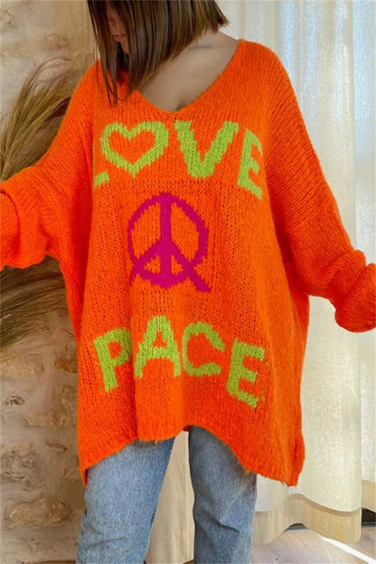 Women's V-neck letter loose and lazy knitted sweater