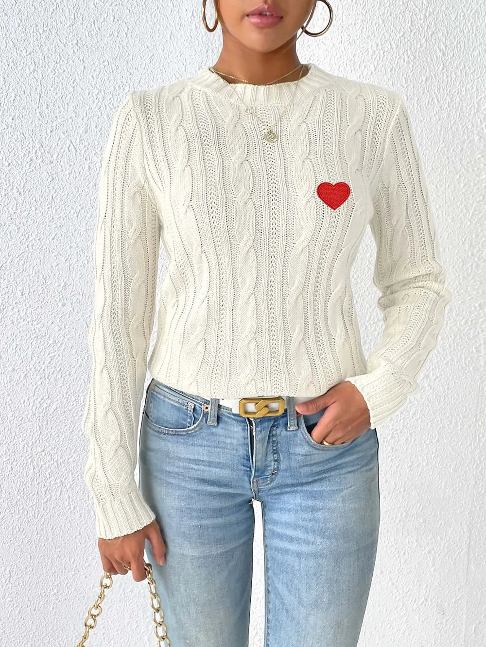 Autumn and winter round neck pullover simple base shirt heart sticker woven sweater